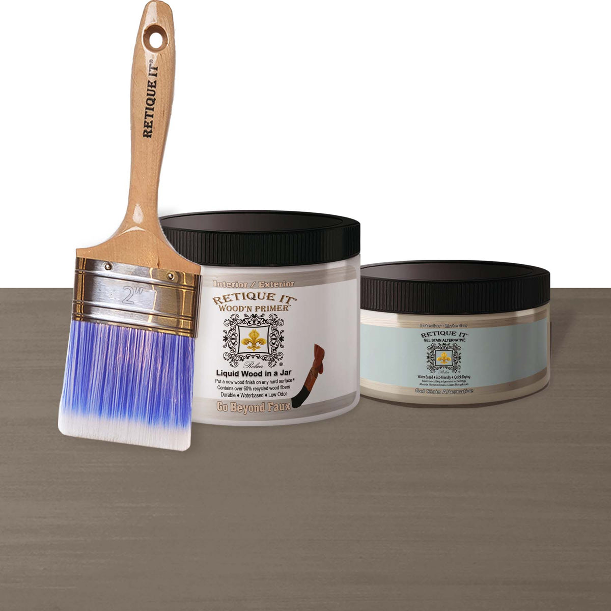 Retique It Multi-purpose Smooth Finish Kit in Harbor Gray, featuring primer, gel, and finish components for wood furniture.