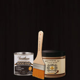 Retique It Liquid Wood Kit with ebony oil-based stain, showcasing a brush applying dark wood stain for furniture or crafts.
