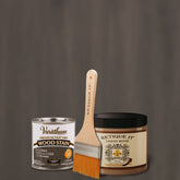 Retique It® Liquid Wood Kit in Carbon Gray oil-based stain with a brush and wood sample showing the stain application.