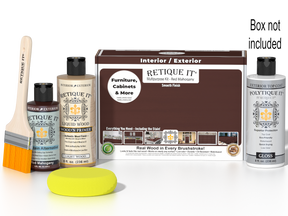 Retique It® Multi-purpose Smooth Finish Kit in Red Mahogany for exterior wood projects, includes top coat and application tools.