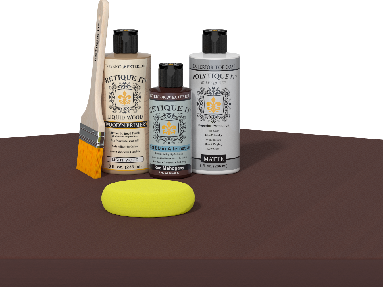 Retique It® Multi-purpose Smooth Finish Kit in Red Mahogany for exterior wood projects, includes top coat and application tools.