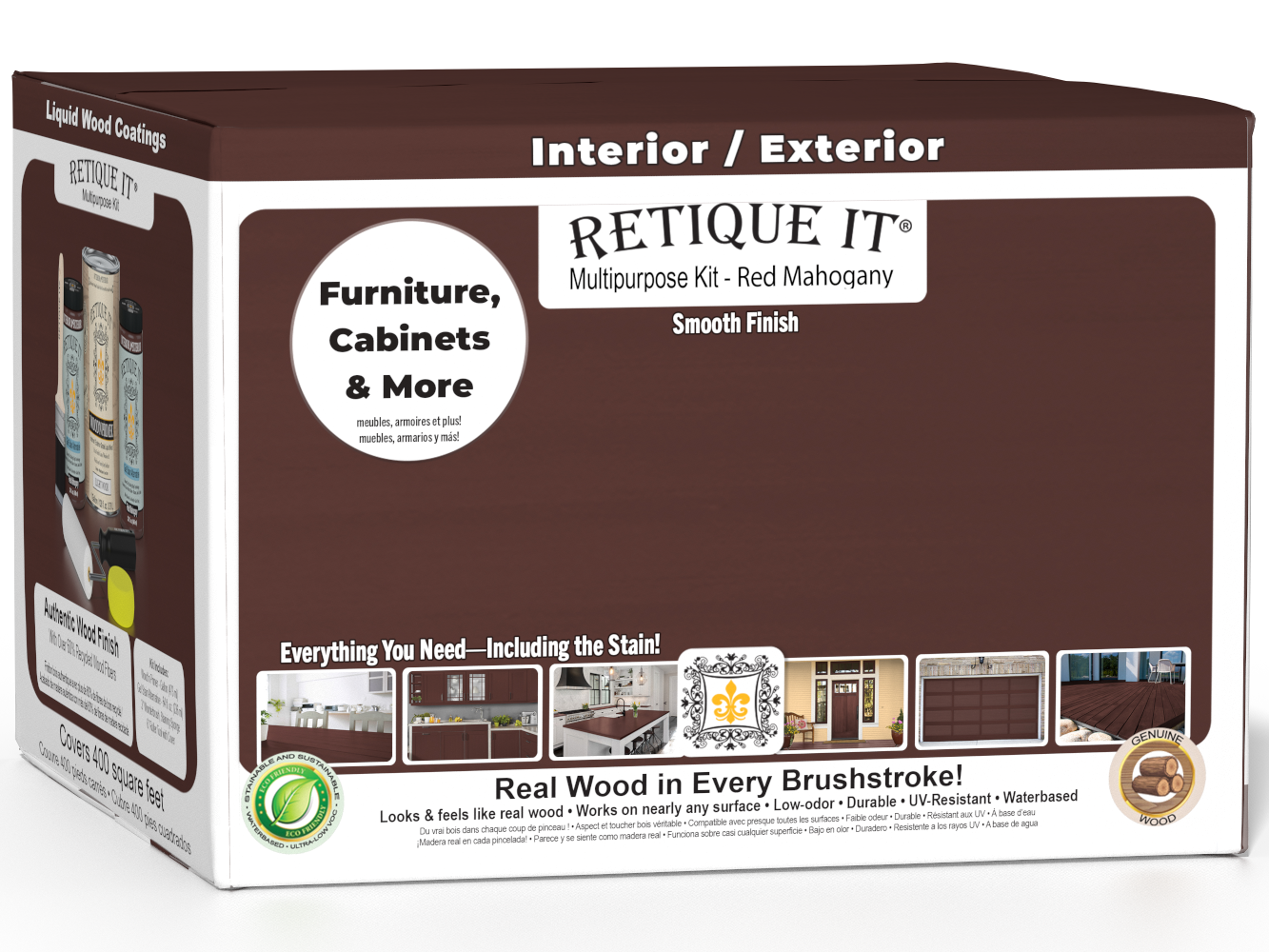 Retique It® Multi-purpose Smooth Finish Kit with four large Red Mahogany exterior top coats in matte finish for wood projects.