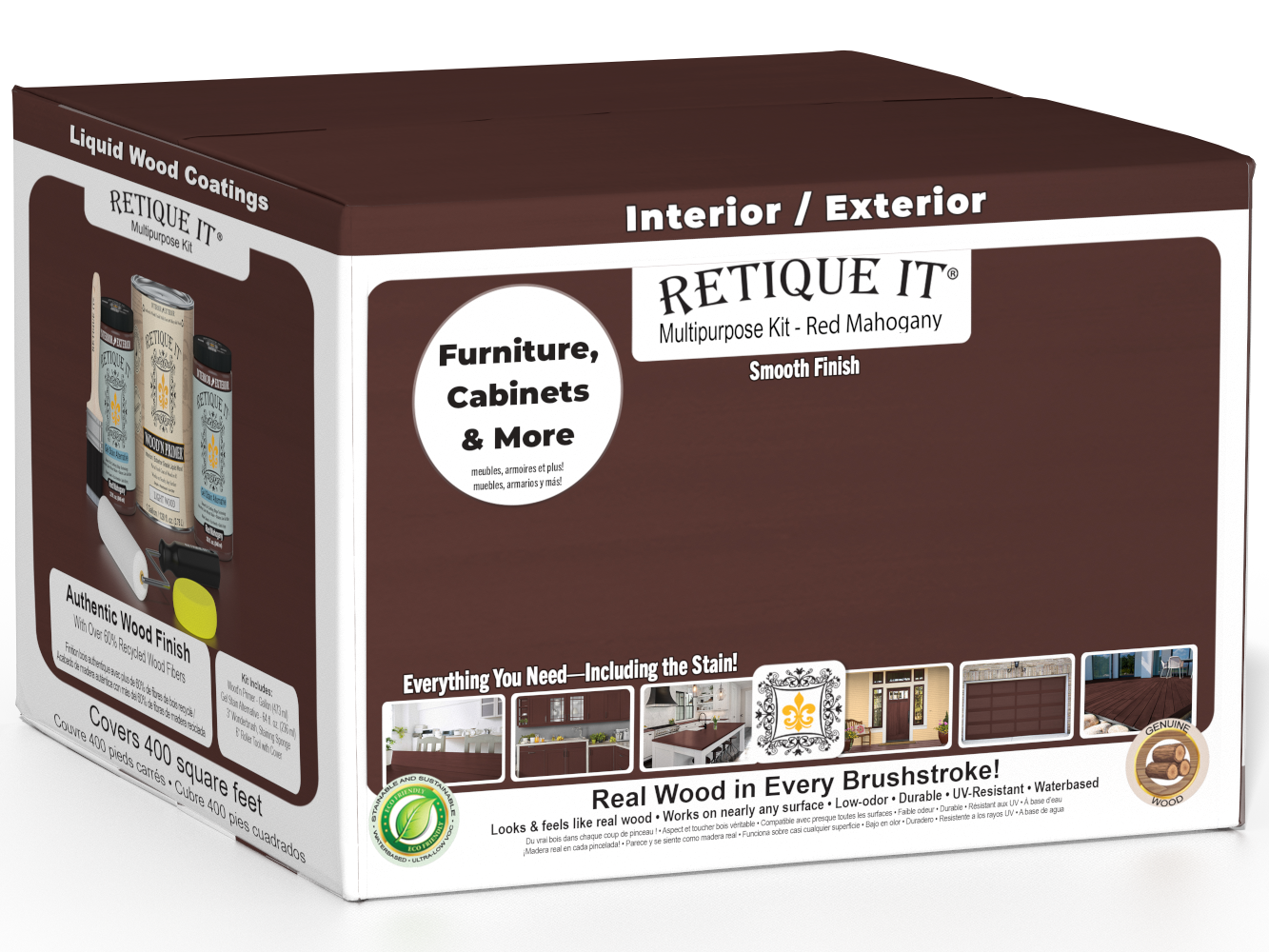 Retique It® Wood'n Finish Kit in Red Mahogany, large multi-purpose smooth finish set with four bottles, ideal for wood projects.