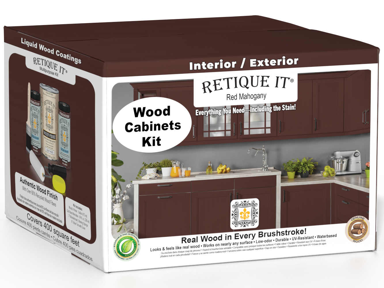 Red Mahogany Wood'n Cabinet Kit with 48 smooth doors by Retique It®, showcasing stained wood cabinetry for home interior use.