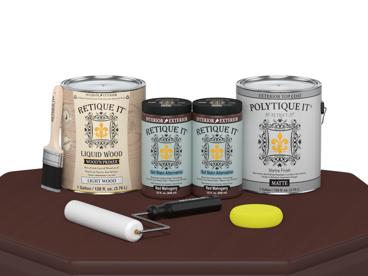 Retique It® Multi-purpose Smooth Finish Kit in Red Mahogany for exterior wood, satin top coat, includes four large bottles.