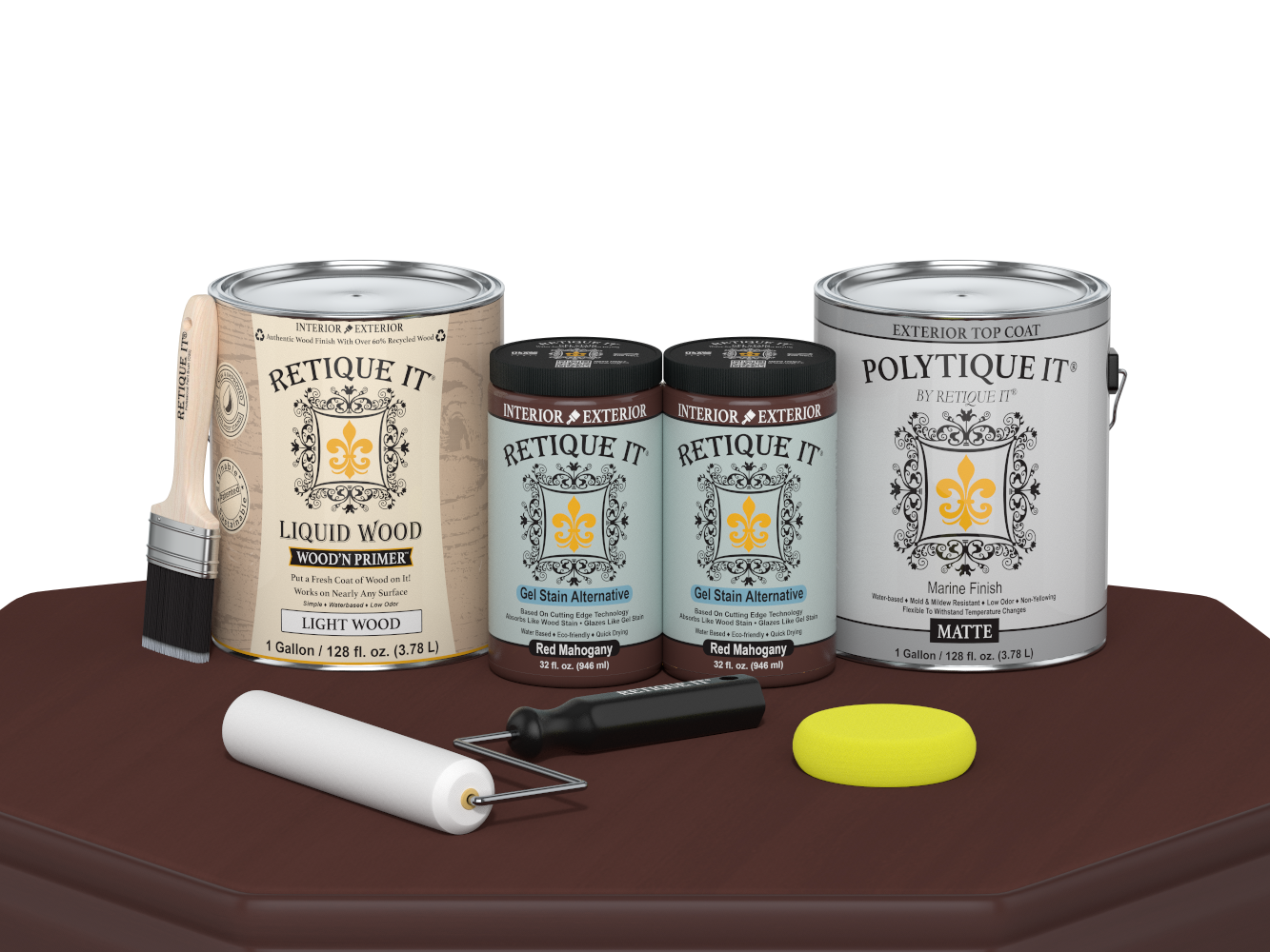 Retique It® Multi-purpose Smooth Finish Kit in Red Mahogany for exterior wood, satin top coat, includes four large bottles.