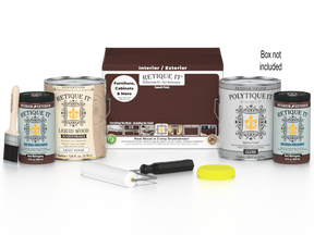 Retique It® Multi-purpose Smooth Finish Kit with red mahogany exterior top coat in a box, featuring four large wood finish containers.