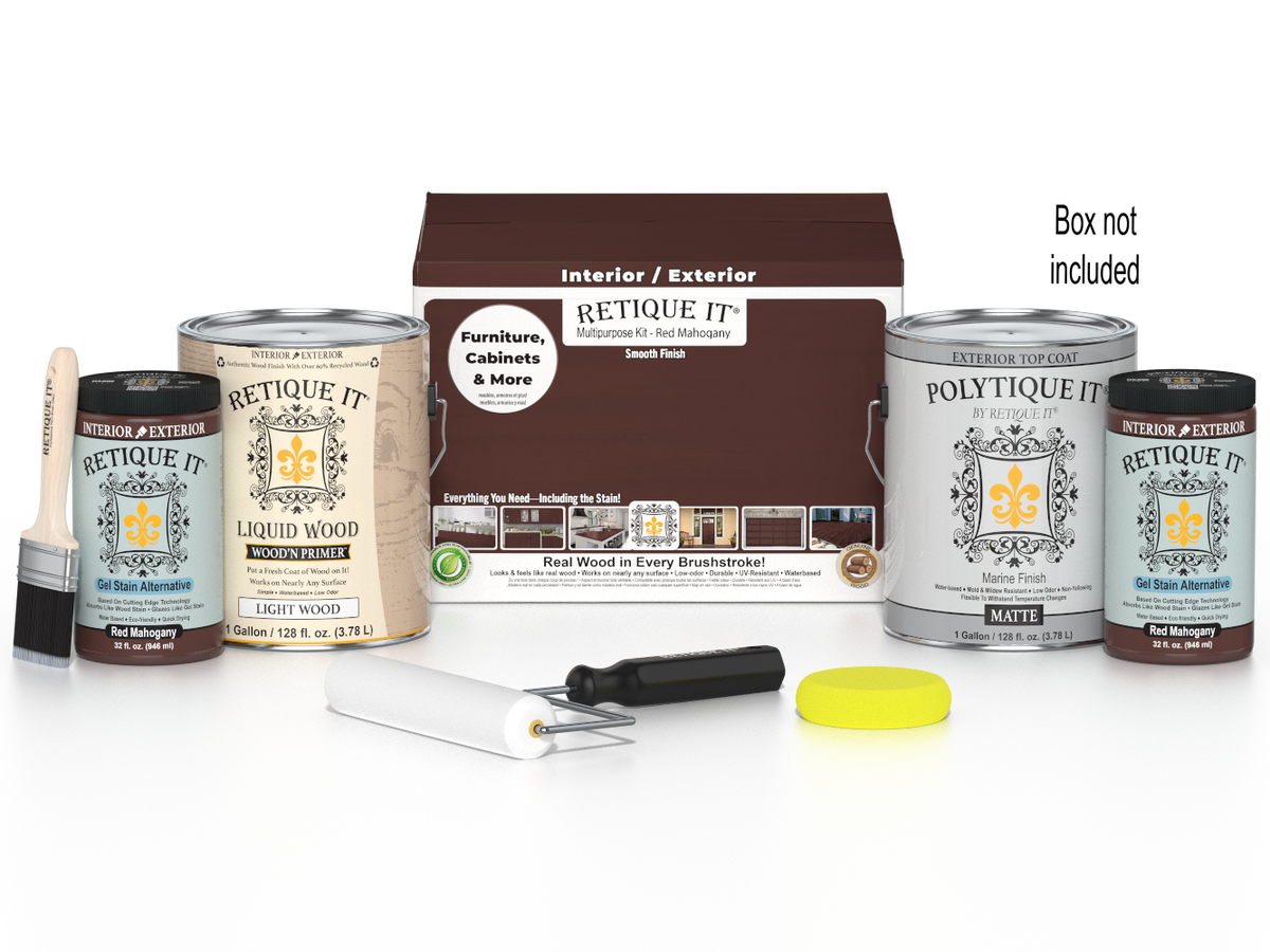 Retique It® Multi-purpose Smooth Finish Kit with four large red mahogany exterior top coat wood finish bottles in matte.
