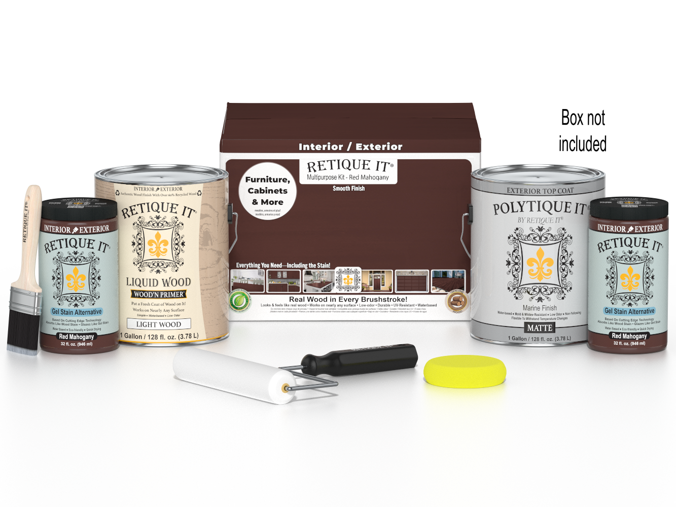 Retique It® Multi-purpose Smooth Finish Kit with four large red mahogany exterior top coat wood finish bottles in matte.
