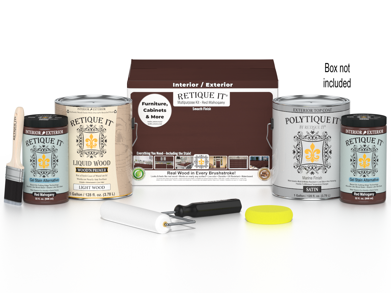 Retique It® Multi-purpose Smooth Finish Kit with four red mahogany exterior satin top coats, shown with included applicator box.