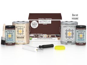 Retique It® Multi-purpose Smooth Finish Kit with four red mahogany exterior satin top coats, shown with included applicator box.