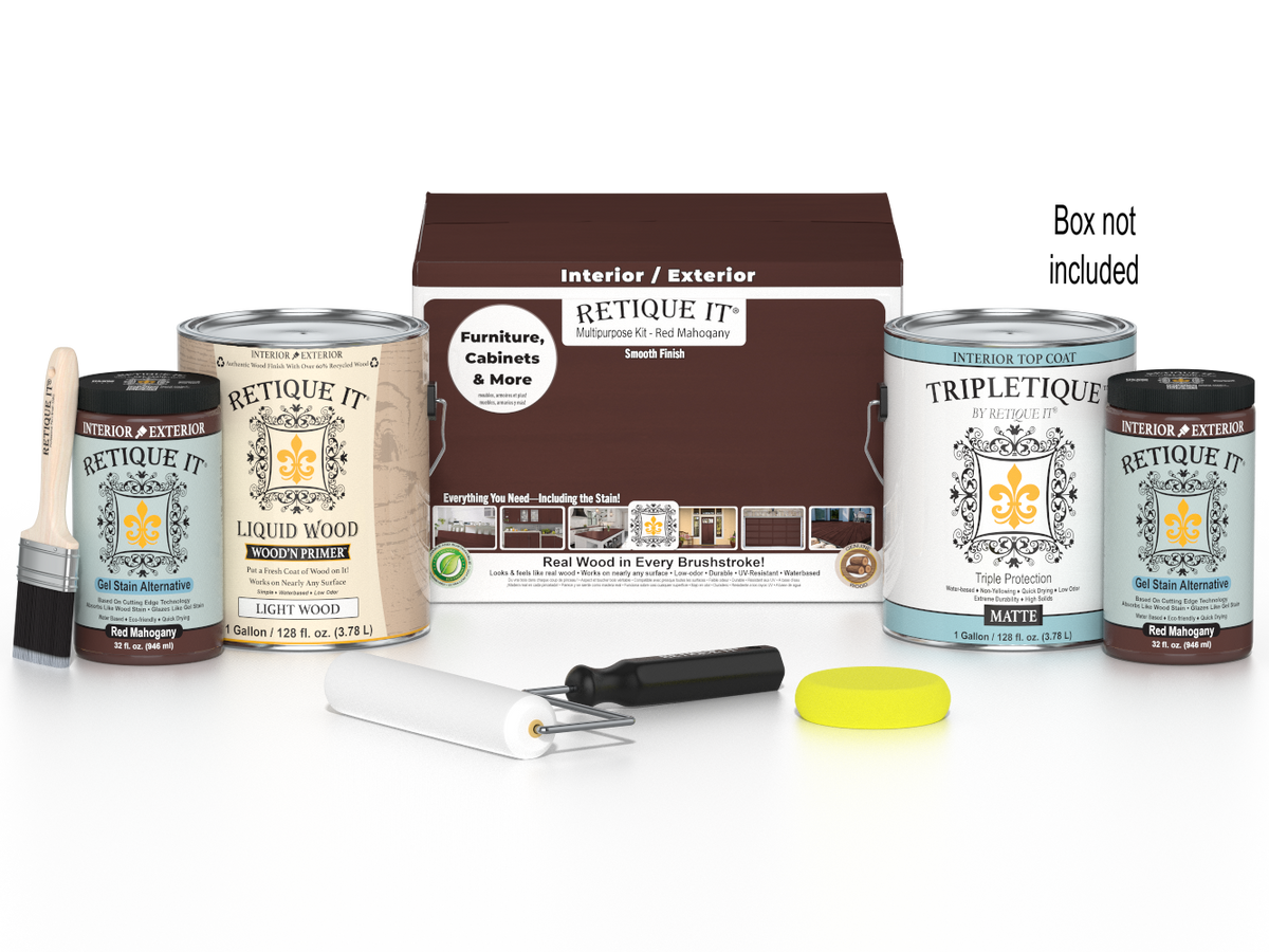 Retique It® Multi-purpose Smooth Finish Kit with four red mahogany interior top coat bottles, matte wood finish, and applicator tools.