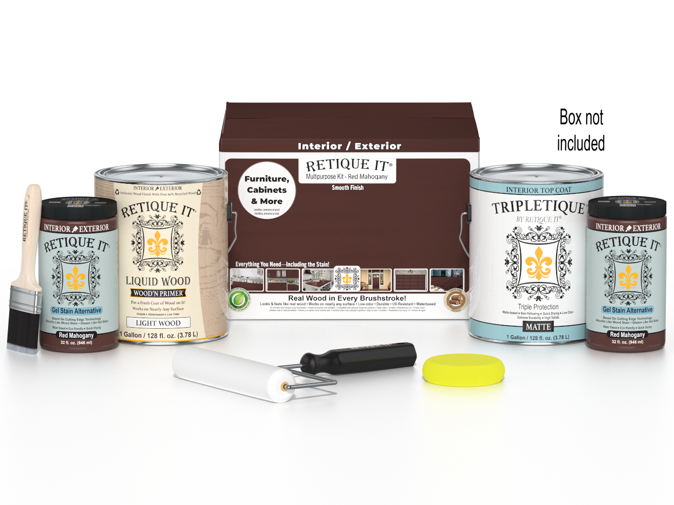 Retique It® Multi-purpose Smooth Finish Kit with four red mahogany interior top coat bottles, matte wood finish, and applicator tools.