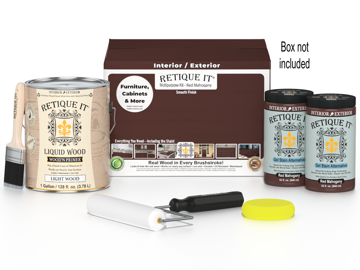 Retique It® wood finish kit with four large red mahogany smooth finish products for wood refinishing and furniture restoration.