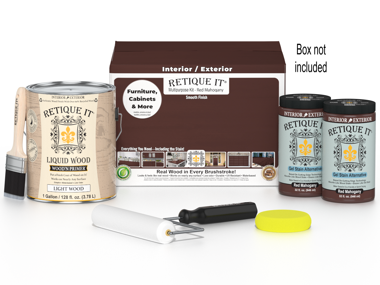 Retique It® wood finish kit with four large red mahogany smooth finish products for wood refinishing and furniture restoration.
