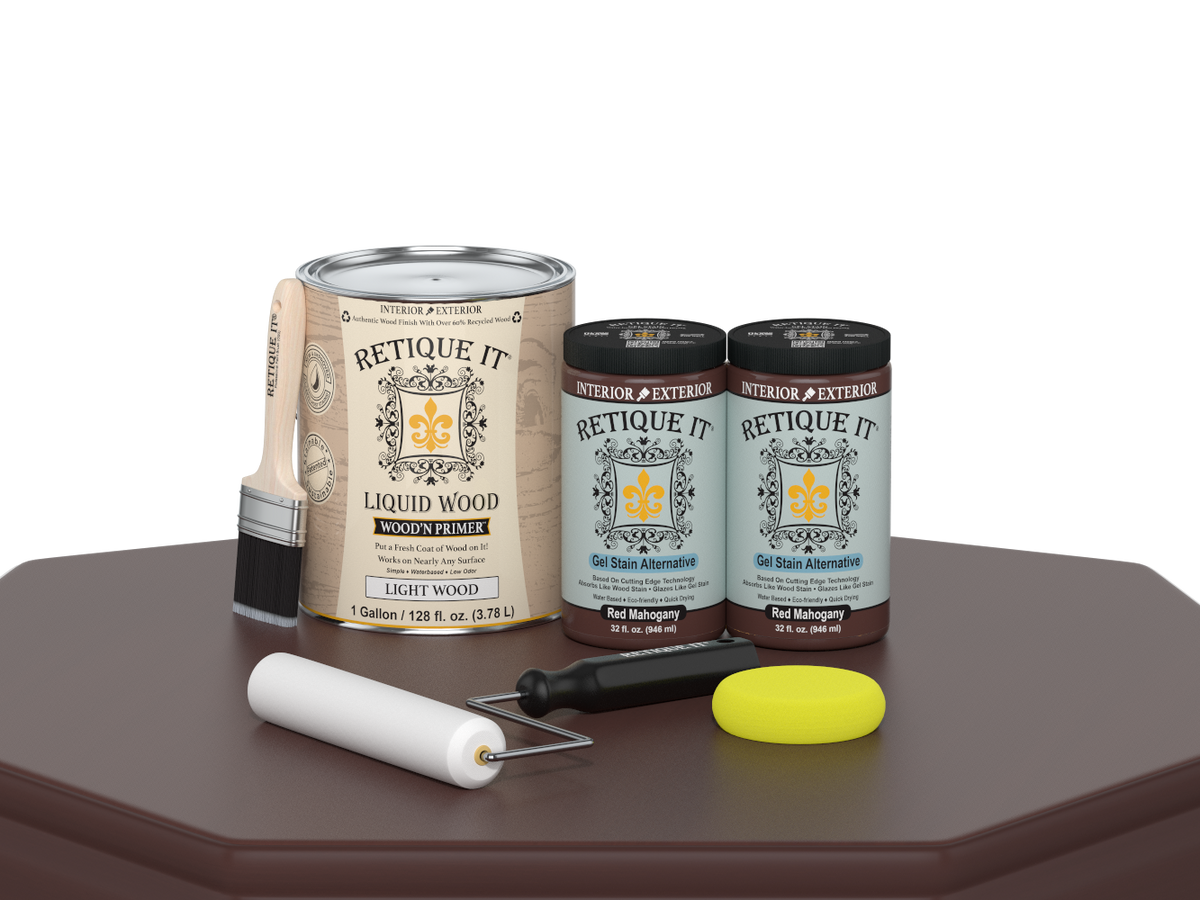 Retique It® Multi-purpose Smooth Finish Kit in Red Mahogany with four large wood finishing tools on a table.