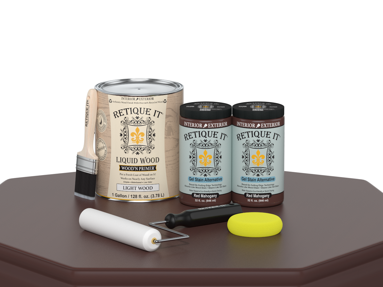 Retique It® Multi-purpose Smooth Finish Kit in Red Mahogany with four large wood finishing tools on a table.