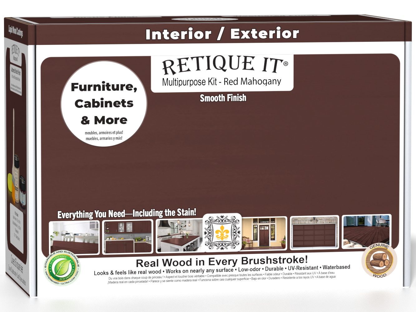 Retique It® Multi-purpose Smooth Finish Kit in Red Mahogany for exterior wood top coating, includes application tools and finishing product.