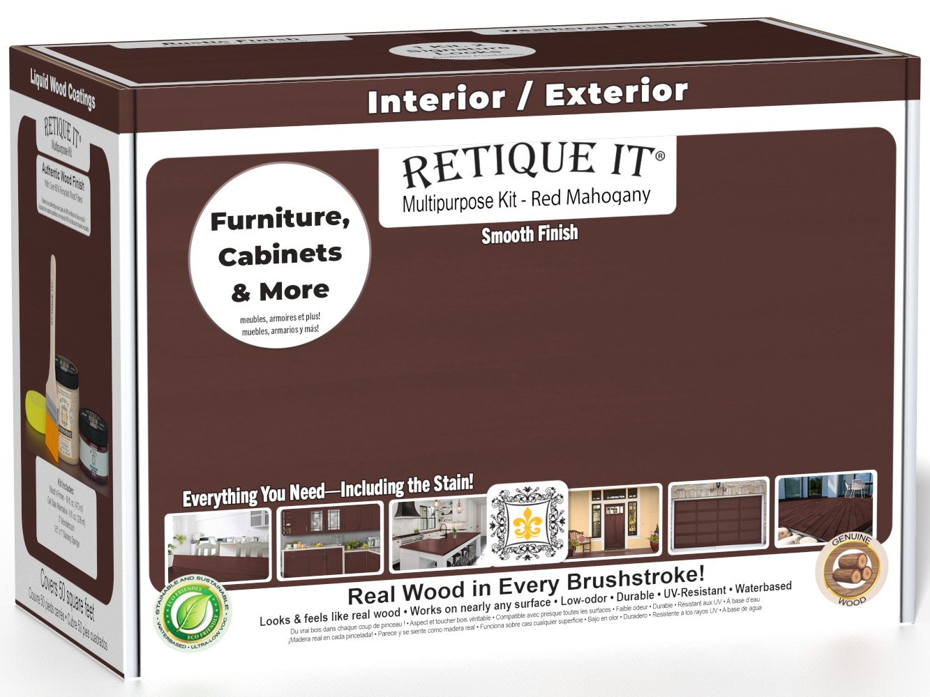 Retique It® Multi-purpose Smooth Finish Kit in Red Mahogany for wood finishing, shown in the kit box with tools and materials.