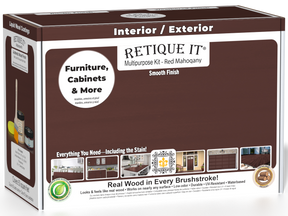Retique It® Multi-purpose Smooth Finish Kit in Red Mahogany for wood finishing, shown in the kit box with tools and materials.