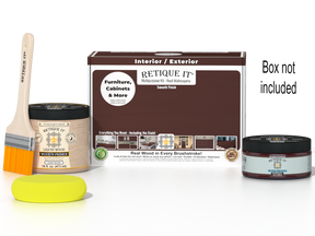 Retique It® Multi-purpose Smooth Finish Kit in Red Mahogany for wood finishing, includes wood stain and sealant in a compact box.
