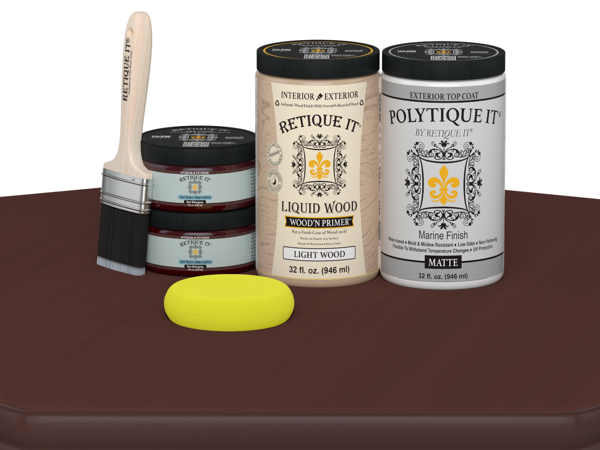Retique It® Multi-purpose Smooth Finish Kit large in Red Mahogany for exterior wood, satin top coat, matte table surface.