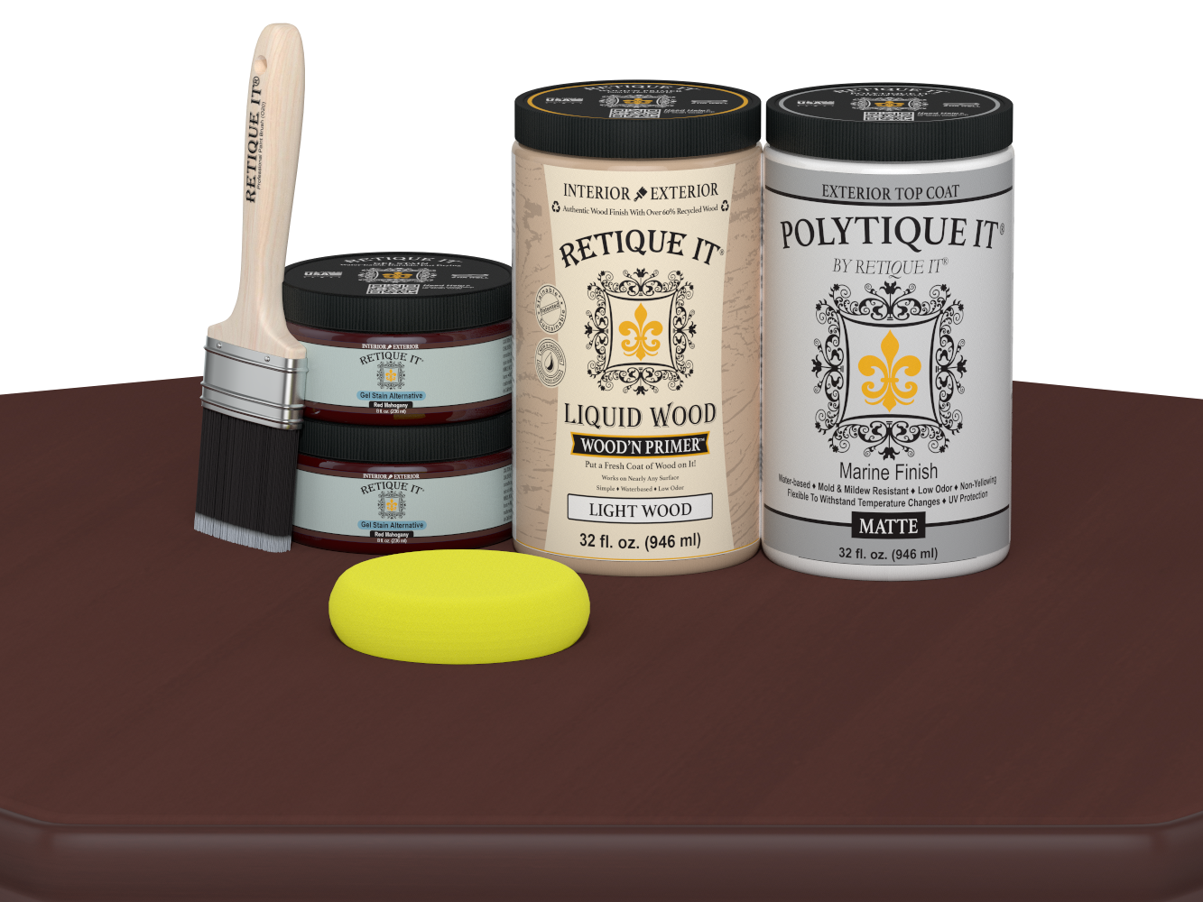 Retique It® Multi-purpose Smooth Finish Kit large in Red Mahogany for exterior wood, satin top coat, matte table surface.