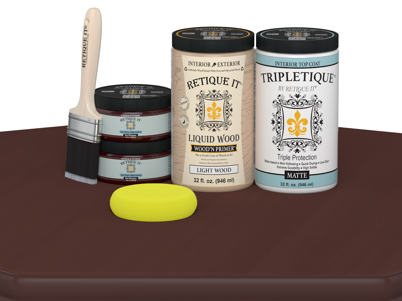 Large Red Mahogany wood finish kit from Retique It® with satin interior top coat for smooth, multi-purpose wood surface application.