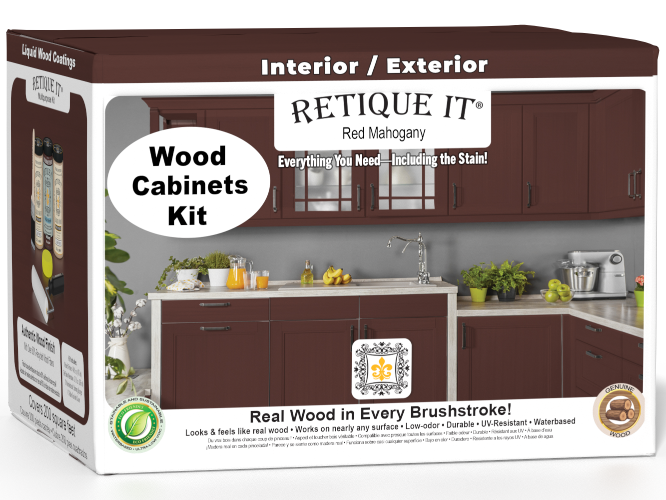 Retique It® Wood'n Cabinet Kit with 24 red mahogany stained doors and smooth finish, perfect for kitchen or furniture upgrades.