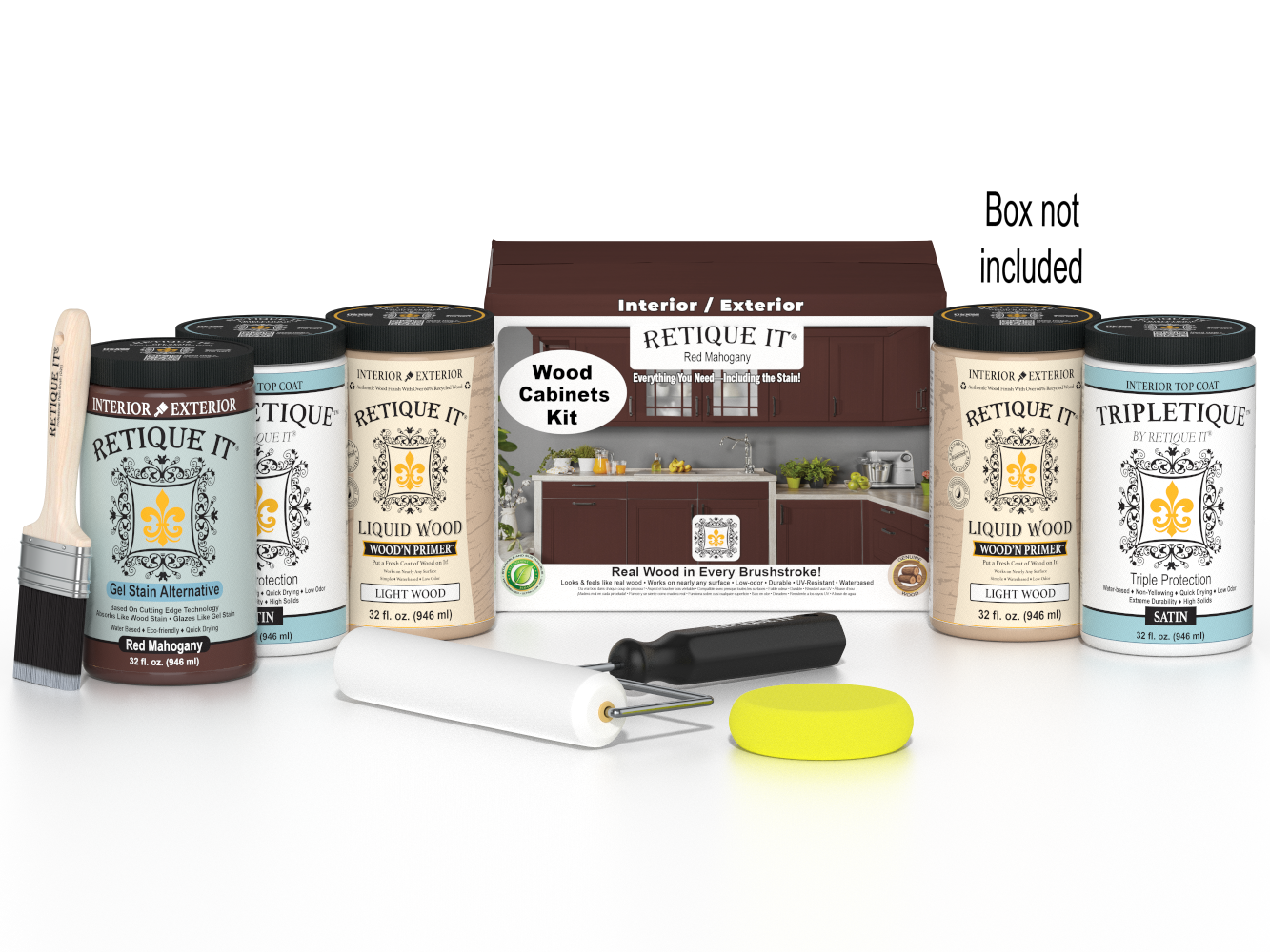 Retique It® Wood'n Cabinet Kit with 24 red mahogany stained cabinet doors and smooth finish, ideal for kitchen or bathroom remodels.
