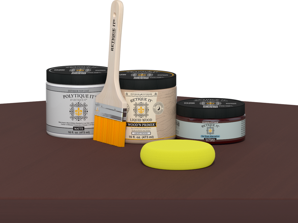 Retique It® Multi-purpose Smooth Finish Kit in Red Mahogany for exterior wood, includes top coat and application tools.