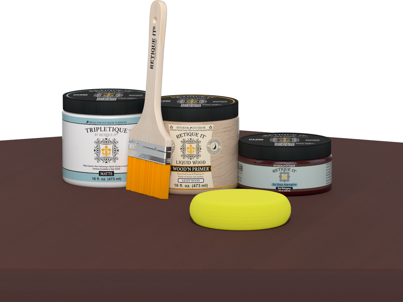 Retique It® Multi-purpose Smooth Finish Kit in Red Mahogany for interior wood projects, featuring matte top coat and application tools.