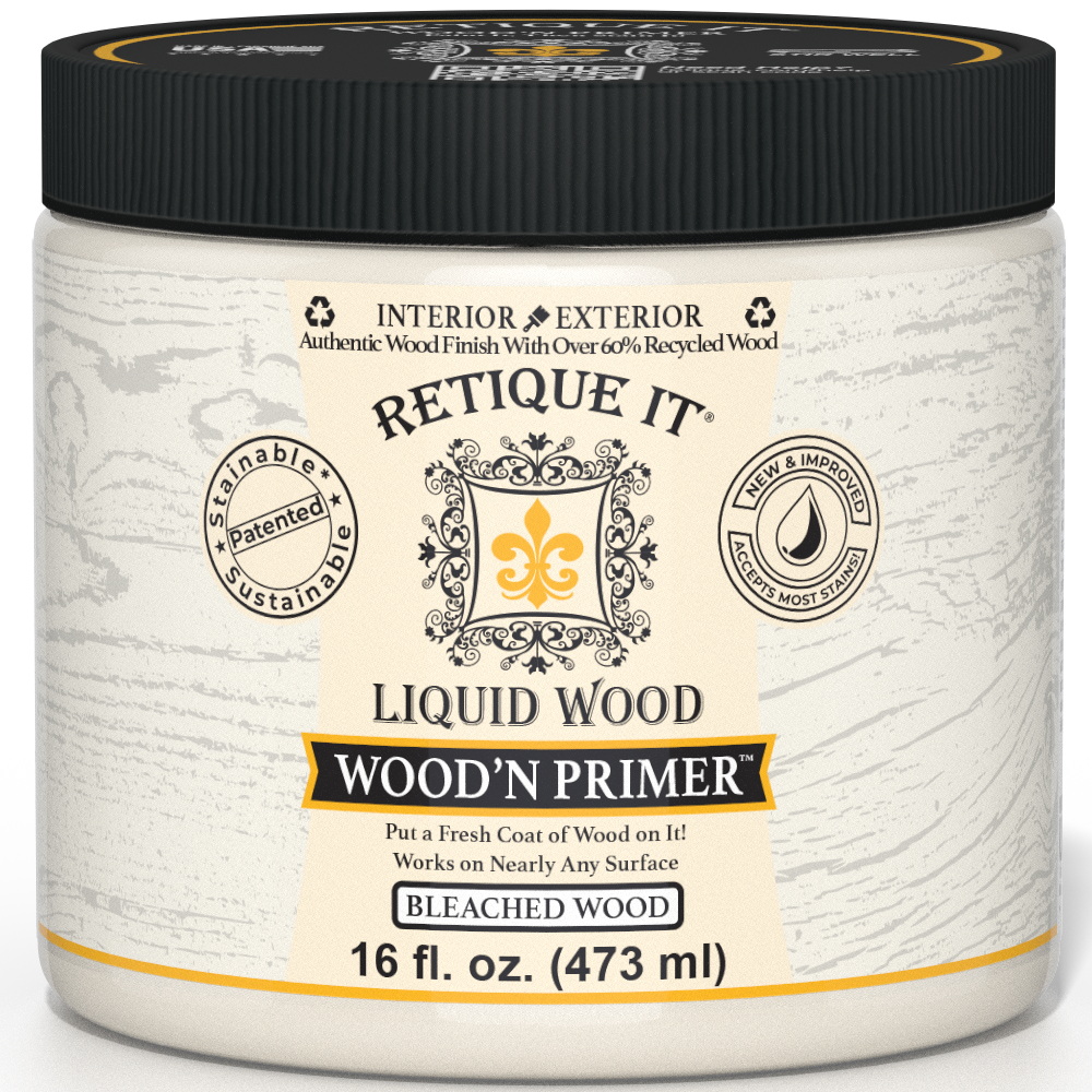 Retique It Liquid Wood Wood'n Primer in bleached wood finish, 16 fl oz, designed for priming surfaces before wood finishing.