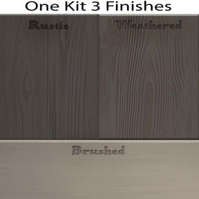 Swatches of Retique It Wood'n Finish Kit in Harbor Gray showing three interior top coat finishes for wood projects.