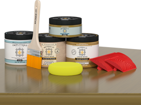 Glossy Old Oak Wood'n Finish Kit for interior wood projects by Retique It® displayed on a table.