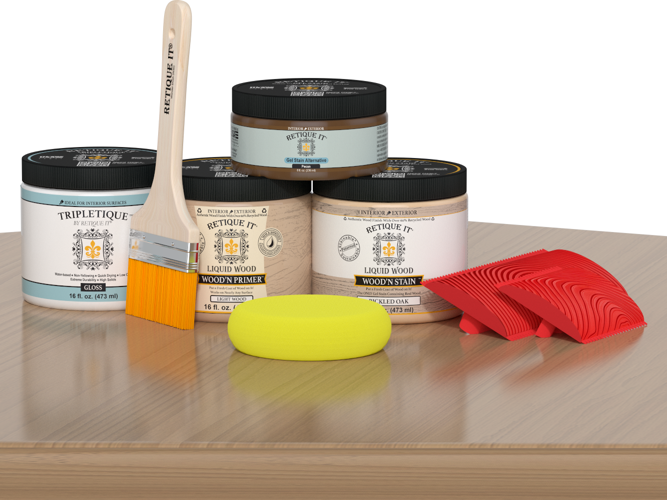 Retique It® Wood'n Finish Kit in Pickled Oak for interior wood projects, featuring a glossy top coat on a wooden surface.