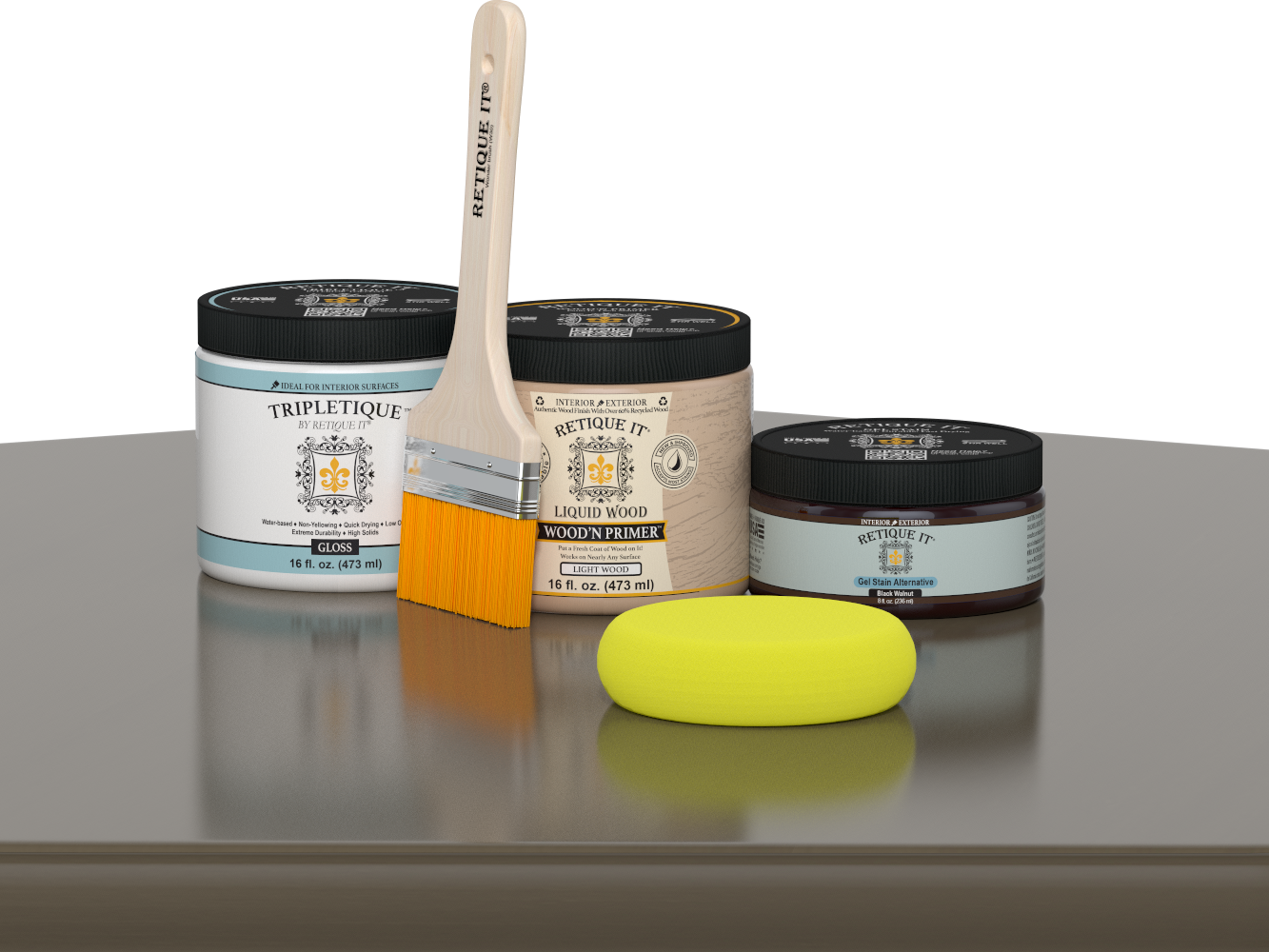 Retique It® Black Walnut Brush-On Kit with Gloss TripleTique® includes a brush, Light Wood primer, Black Walnut Gel Stain Alternative, Gloss TripleTique® top coat, and a yellow sponge.