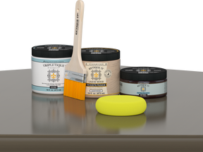 Retique It® Black Walnut Brush-On Kit with Gloss TripleTique® includes a brush, Light Wood primer, Black Walnut Gel Stain Alternative, Gloss TripleTique® top coat, and a yellow sponge.