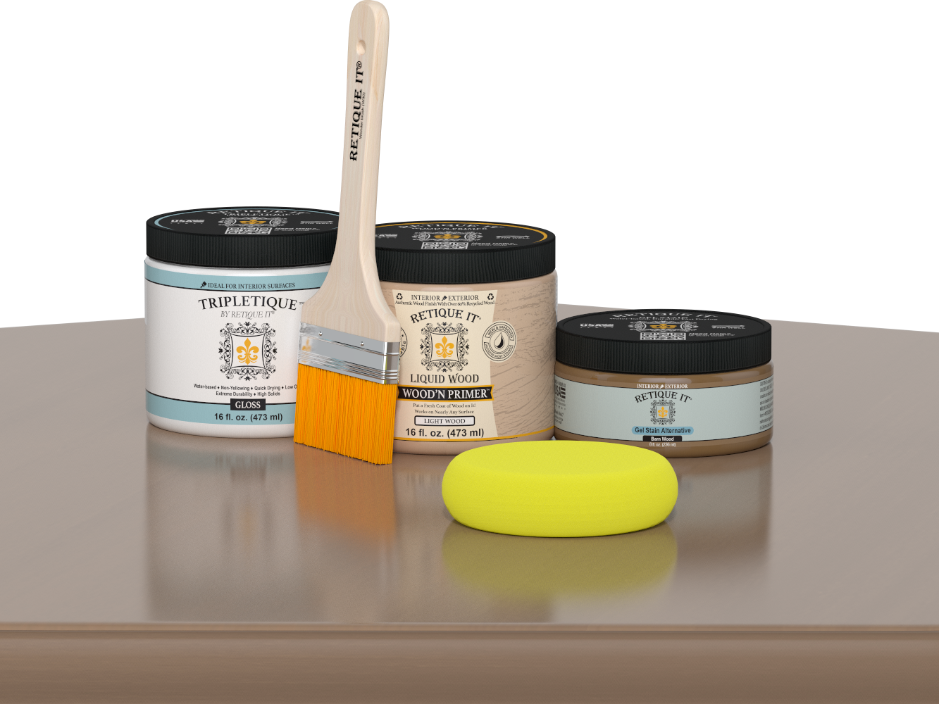 Retique It Barn Wood Kit with Gloss Tripletique, Light Wood Wood'n Primer, Barn Wood Gel Stain Alternative, paintbrush, and yellow sponge on a tabletop.