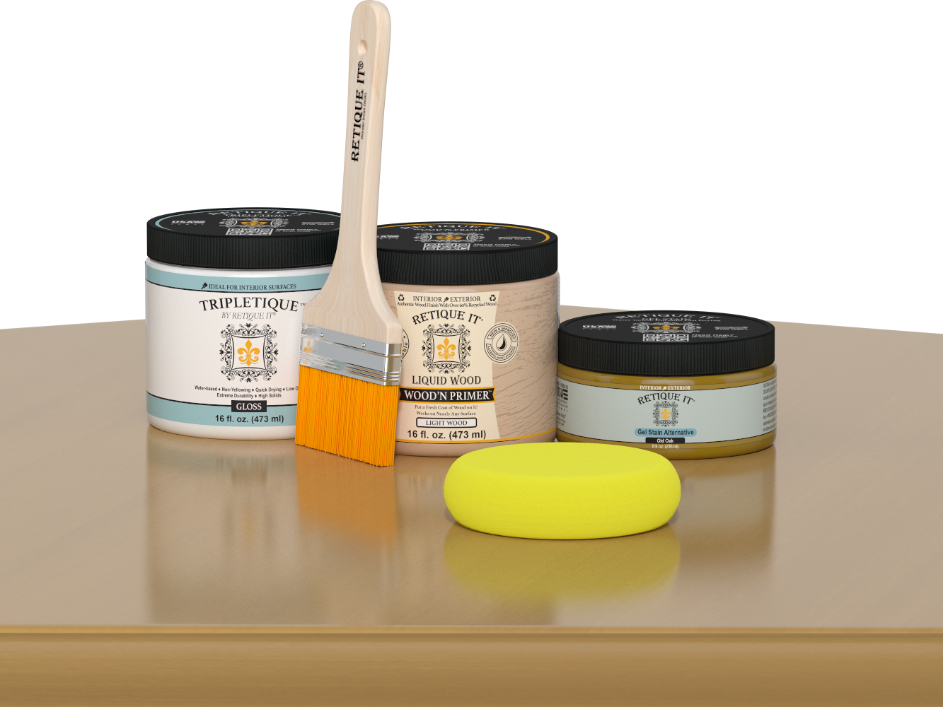 Retique It® Old Oak Brush-On Kit with Gloss TripleTique® includes a brush, Light Wood primer, Old Oak Gel Stain Alternative, Gloss TripleTique® top coat, and a yellow sponge.