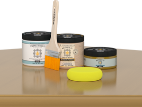 Retique It® Old Oak Brush-On Kit with Gloss TripleTique® includes a brush, Light Wood primer, Old Oak Gel Stain Alternative, Gloss TripleTique® top coat, and a yellow sponge.