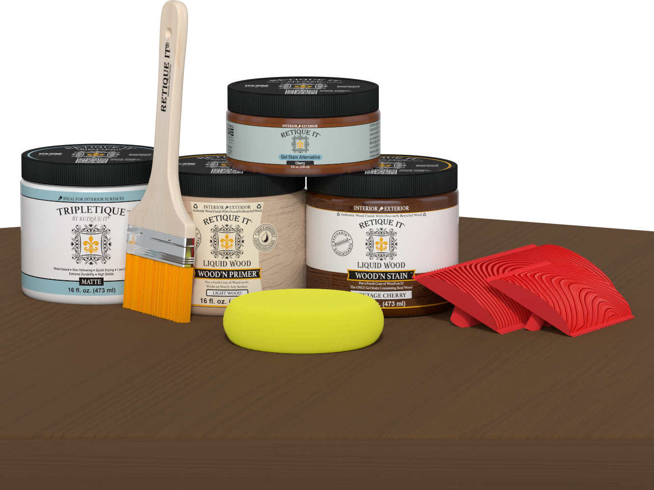 Retique It Wood'n Finish Kit in Vintage Cherry with interior top coat for wood furniture, shown on a table surface.