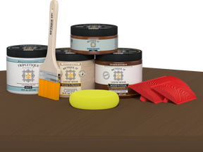 Retique It Wood'n Finish Kit in Vintage Cherry with interior top coat for wood furniture, shown on a table surface.