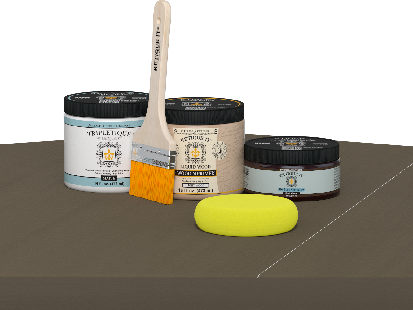 Retique It® Black Walnut Brush-On Kit with Matte TripleTique® includes a brush, Light Wood primer, Black Walnut Gel Stain Alternative, Matte TripleTique® top coat, and a yellow sponge.