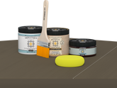 Retique It® Black Walnut Brush-On Kit with Matte TripleTique® includes a brush, Light Wood primer, Black Walnut Gel Stain Alternative, Matte TripleTique® top coat, and a yellow sponge.