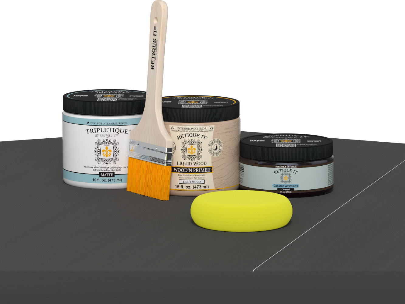 Retique It® Charcoal Brush-On Kit with Matte TripleTique® includes a brush, Light Wood primer, Charcoal Gel Stain Alternative, Matte TripleTique® top coat, and a yellow sponge.