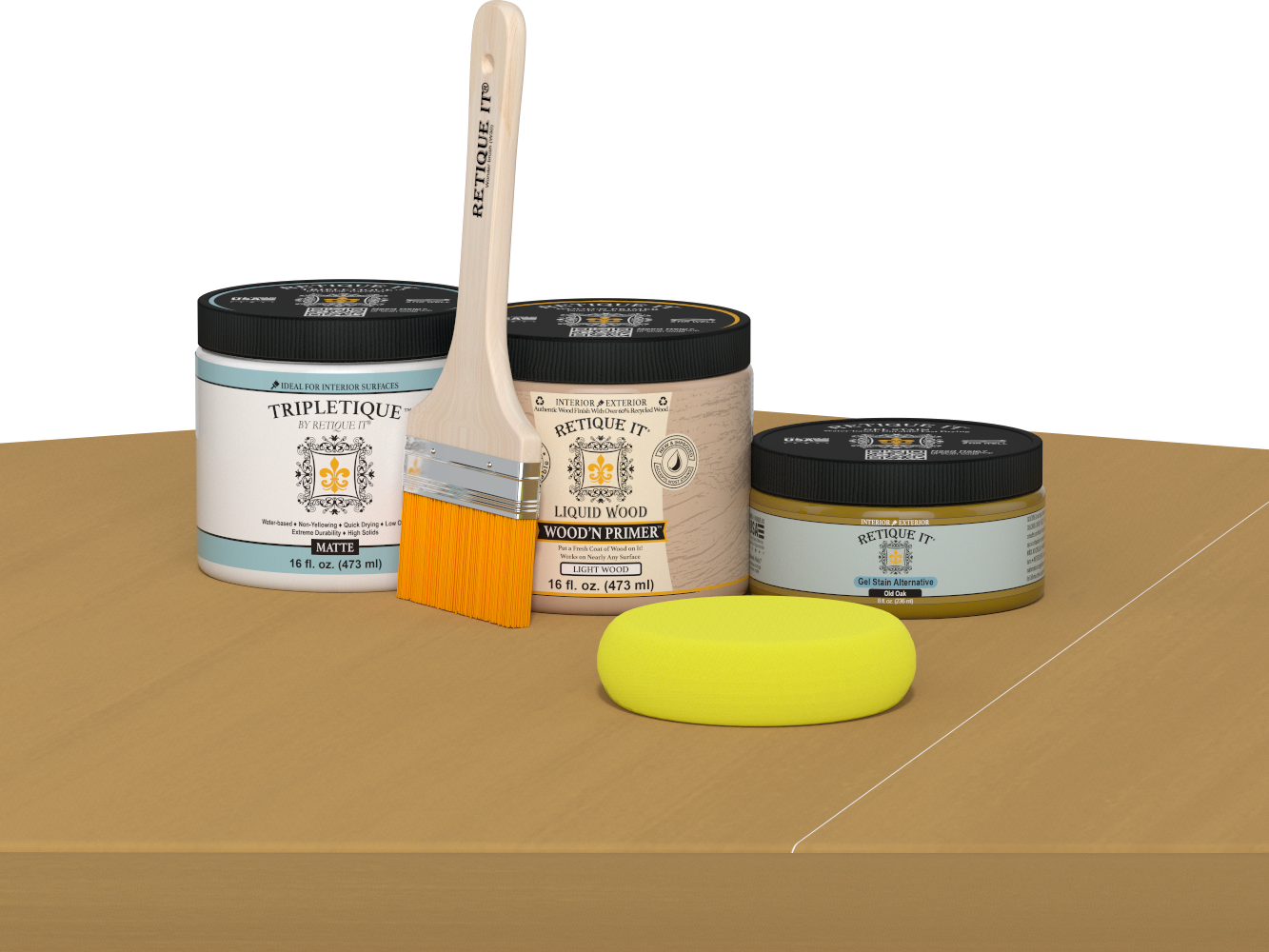 Retique It® Old Oak Brush-On Kit with Matte TripleTique® includes a brush, Light Wood primer, Old Oak Gel Stain Alternative, Matte TripleTique® top coat, and a yellow sponge.