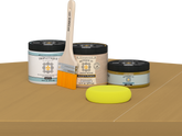 Retique It® Old Oak Brush-On Kit with Matte TripleTique® includes a brush, Light Wood primer, Old Oak Gel Stain Alternative, Matte TripleTique® top coat, and a yellow sponge.