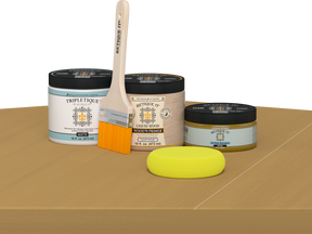 Retique It® Old Oak Brush-On Kit with Matte TripleTique® includes a brush, Light Wood primer, Old Oak Gel Stain Alternative, Matte TripleTique® top coat, and a yellow sponge.