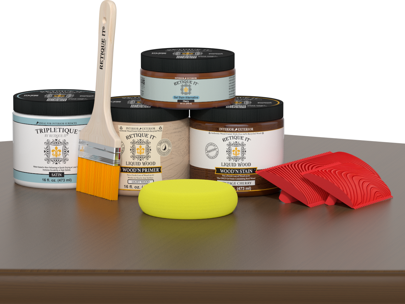 Retique It Wood'n Finish Kit in Vintage Cherry for interior wood projects, showing satin top coat on wood surface.